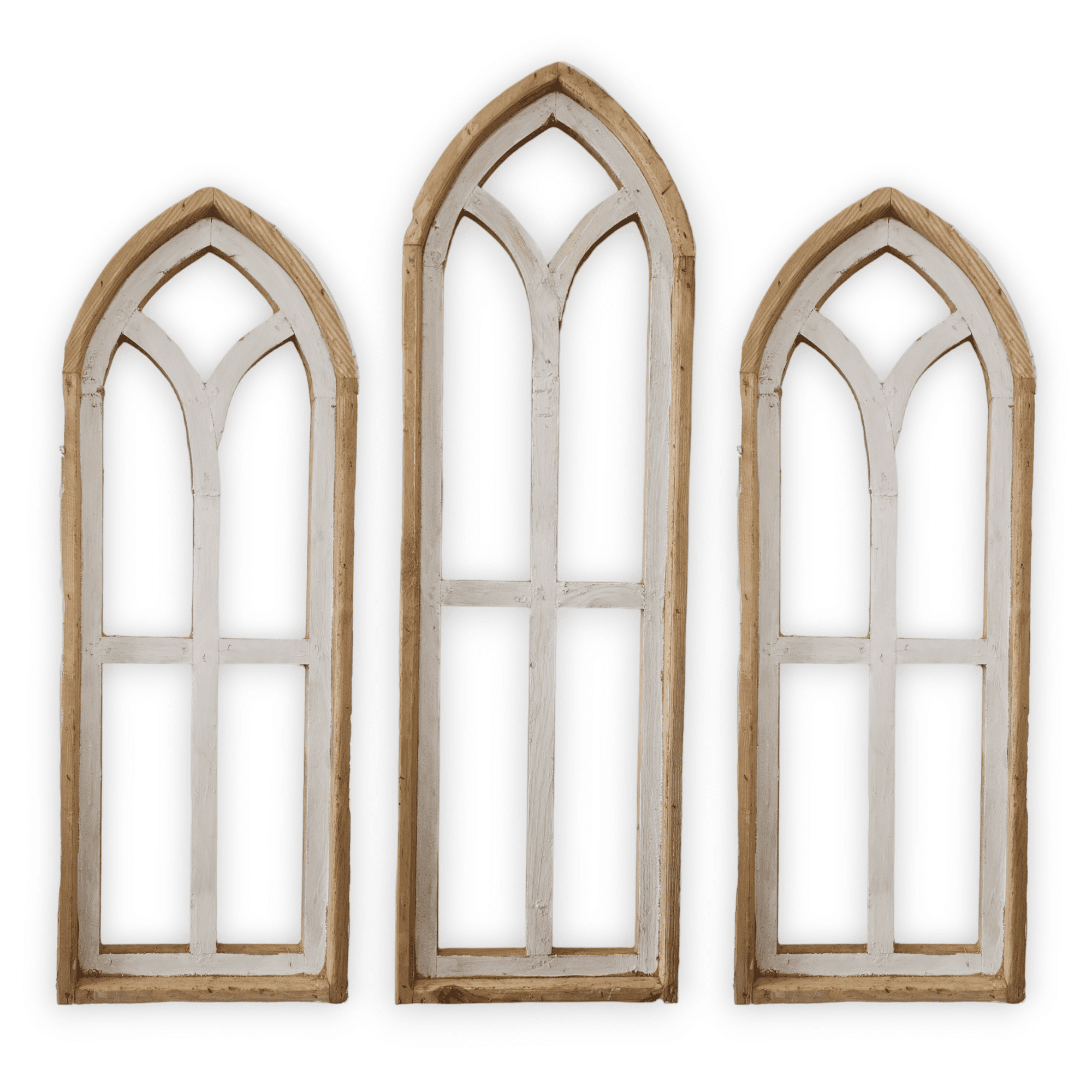 Ivory Point Cathedral Wood Window Collection - Set of 2 Medium Ivory Points + 1 Large Ivory Point Rustic Cathedral wall windowsRanch Junkie
